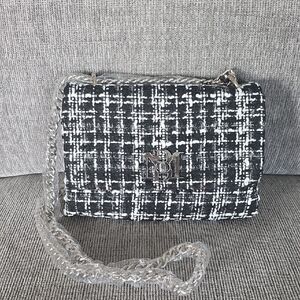 Badgley Mischka Black and White Tweed Crossbody Bag With Silver Chain, NWT